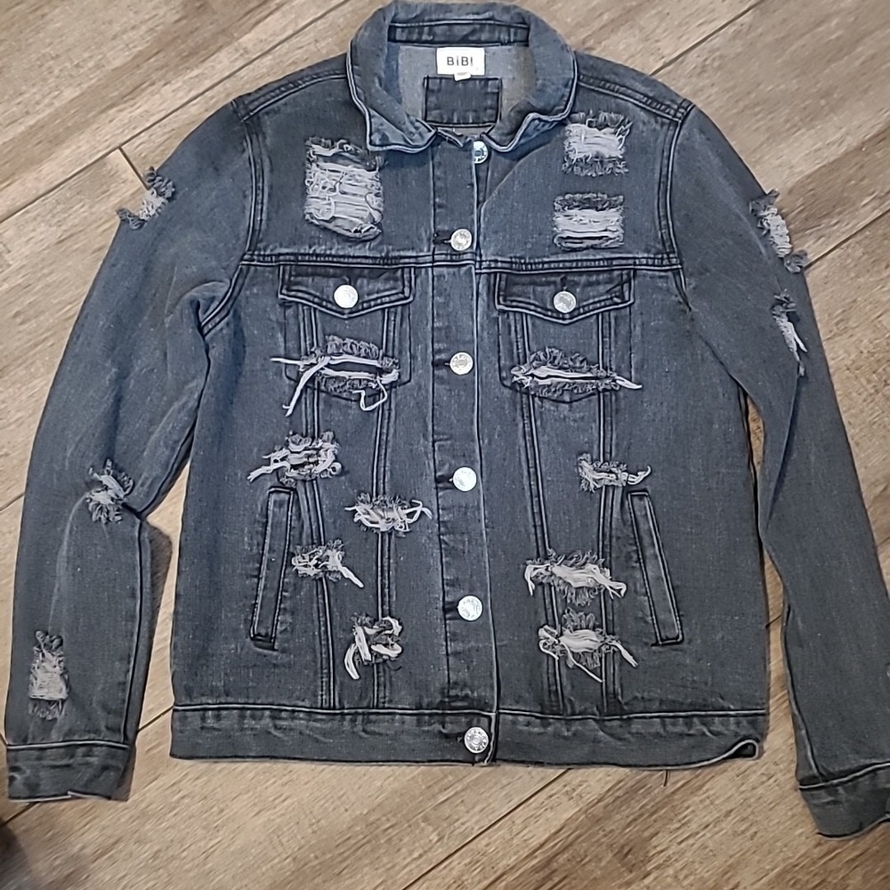Bibi Sz S Women's Boyfriend Fit Faded black Distressed jean jacket Cotton Ripped